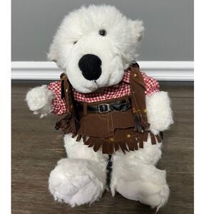 Bear Factory White Plush Cowboy Bear Wild West Collection Red Gingham Shirt 10"